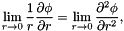 \[ \lim_{r \rightarrow 0} \frac{1}{r} \frac{\partial \phi}{\partial r} = \lim_{r \rightarrow 0} \frac{\partial^2 \phi}{\partial r^2}, \]