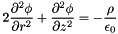 \[ 2 \frac{\partial^2 \phi}{\partial r^2} + \frac{\partial^2 \phi}{\partial z^2} = -\frac{\rho}{\epsilon_0} \]