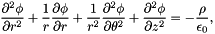\[ \frac{\partial^2 \phi}{\partial r^2} + \frac{1}{r} \frac{\partial \phi}{\partial r} + \frac{1}{r^2} \frac{\partial^2 \phi}{\partial \theta^2} + \frac{\partial^2 \phi}{\partial z^2} = -\frac{\rho}{\epsilon_0}, \]